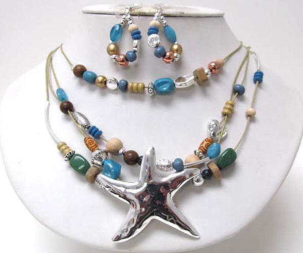 Acryl mixed chip stone and metal beads with wood drop hammerd metal starfish cord chain necklace earring set