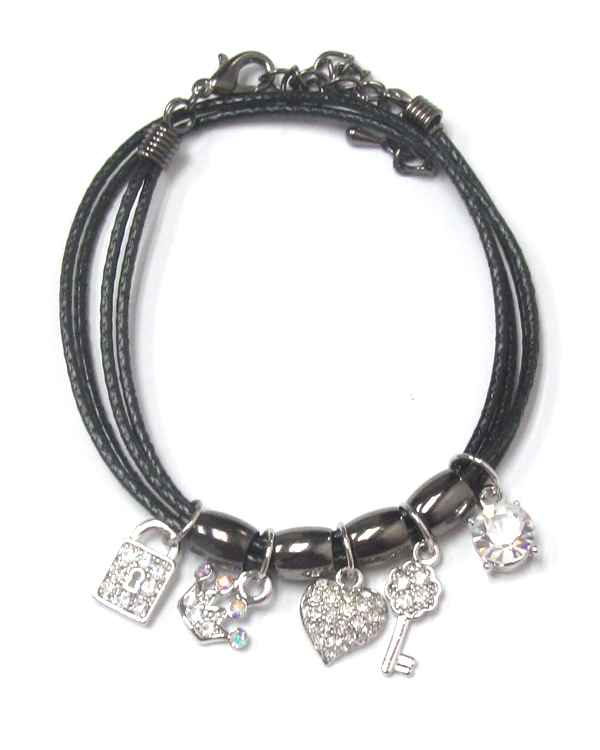 Made in korea whitegold plating multi crystal charm dangle cord bracelet