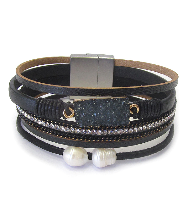 DRUZY AND CRYSTAL MIX MULTI LAYER LEATHER WRAP MAGNETIC BRACELET