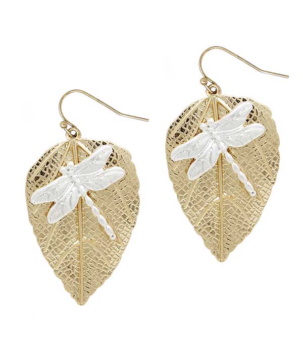 METAL FILIGREE LEAF AND DRAGONFLY EARRING