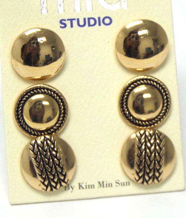 Plain and textured button earring set of 3