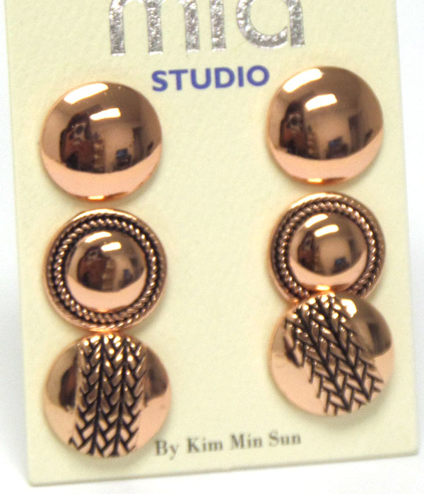 Plain and textured button earring set of 3
