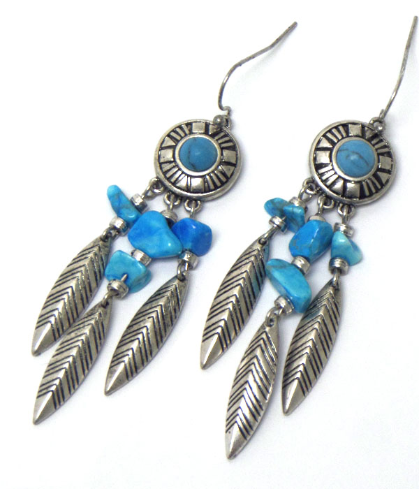 Turquoise center metal disk and feather drop earring