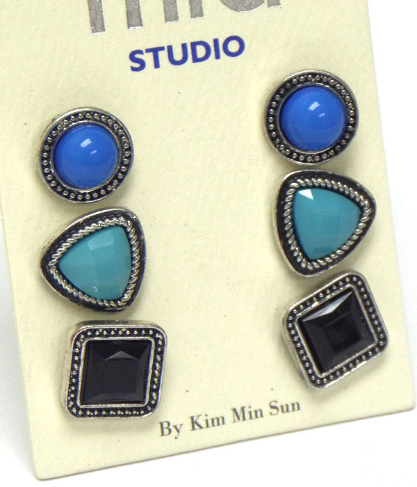 Multi shape and color stone mix earring set of 3