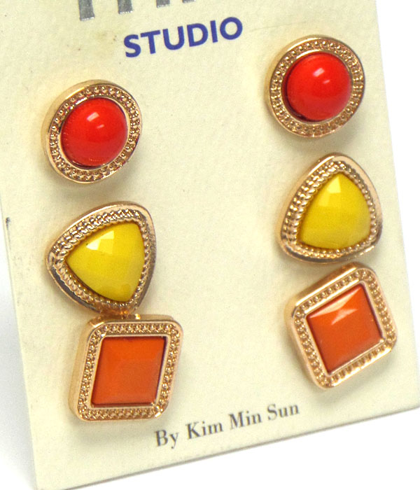 Multi shape and color stone mix earring set of 3