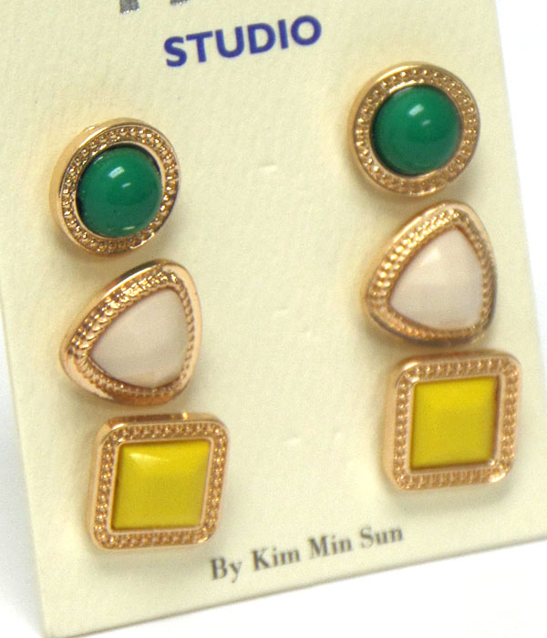 Multi shape and color stone mix earring set of 3