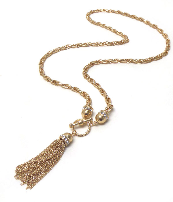 Crystal and chain tassel drop toggle necklace