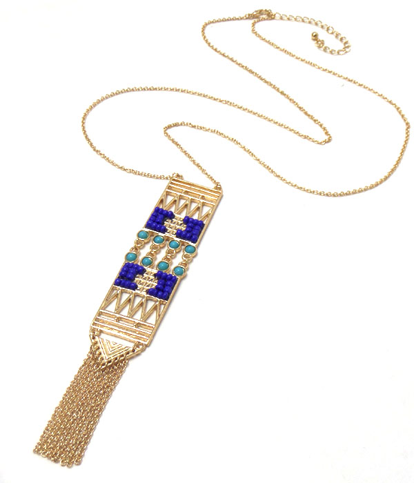 Seed bead and metal filigree chevron pattern and chain tassel necklace