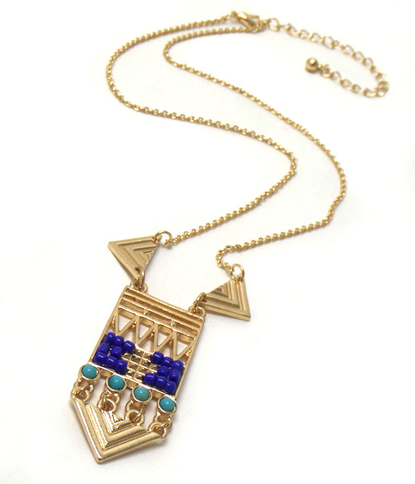 Seed bead and metal filigree chevron pattern pendant necklace