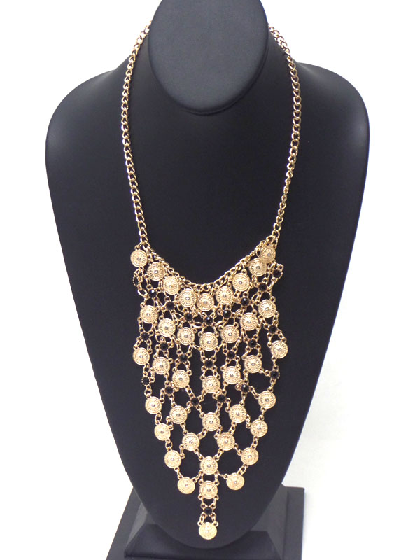 Crystal center multi disk link chain net bib necklace