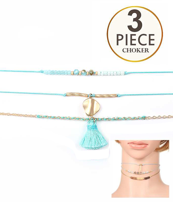 Multi glass and wood bead mix 3 piece choker necklace set