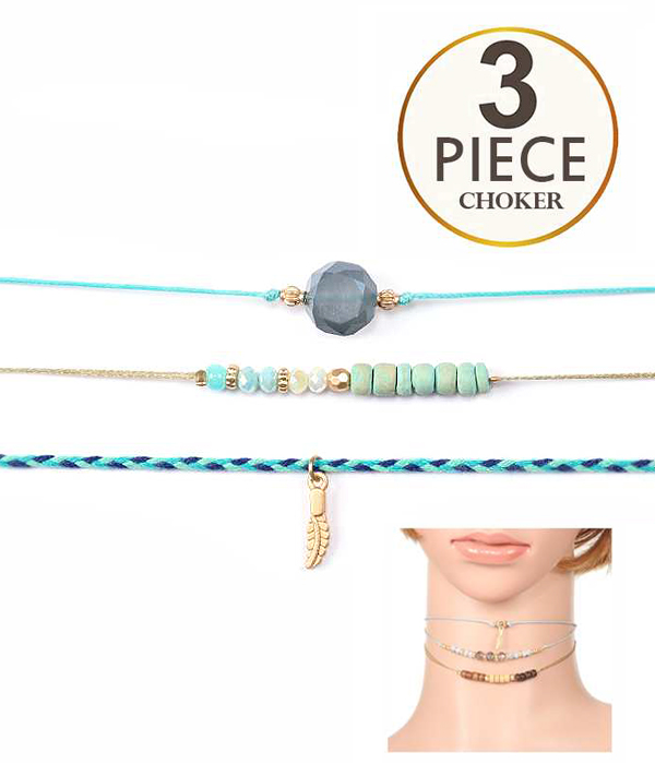 MULTI GLASS AND WOOD BEAD MIX 3 PIECE CHOKER NECKLACE SET