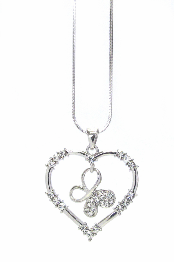 WHITEGOLD PLATING CRYSTAL BUTTERFLY AND HEART PENDANT NECKLACE