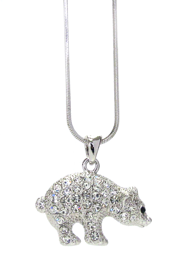 WHITEGOLD PLATING CRYSTAL POLAR BEAR PENDANT NECKLACE