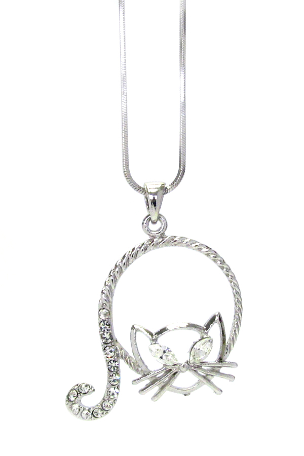 Made in korea whitegold plating crystal cat pendant necklace