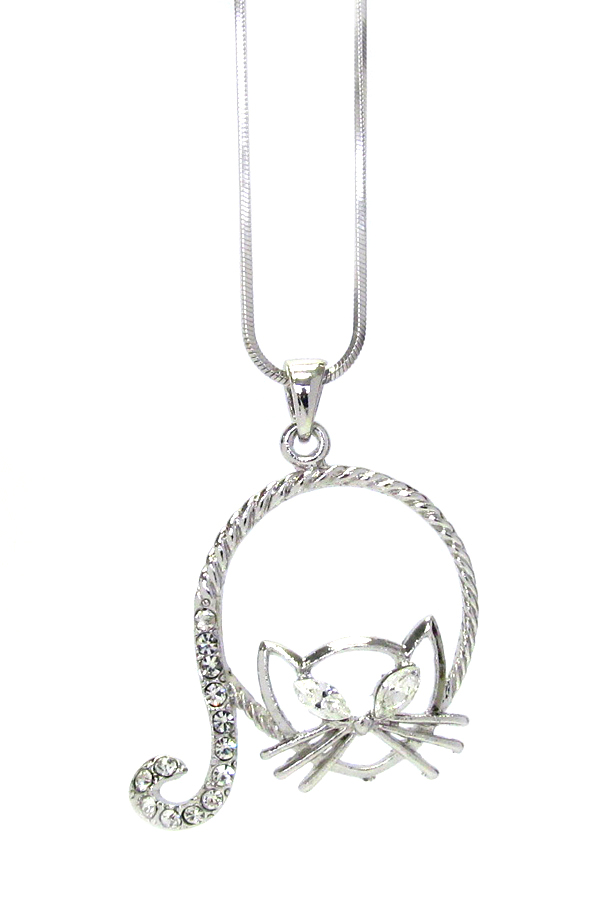 WHITEGOLD PLATING CRYSTAL CAT PENDANT NECKLACE