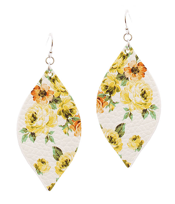 Faux leather flower print marquise earring
