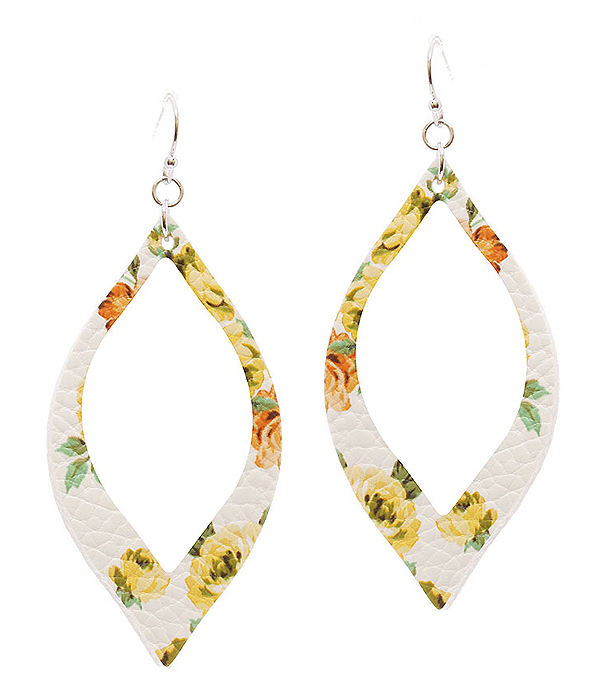 Faux leather flower print marquise earring