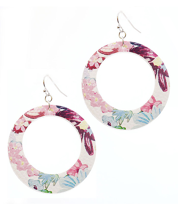 FAUX LEATHER FLOWER PRINT HOOP EARRING