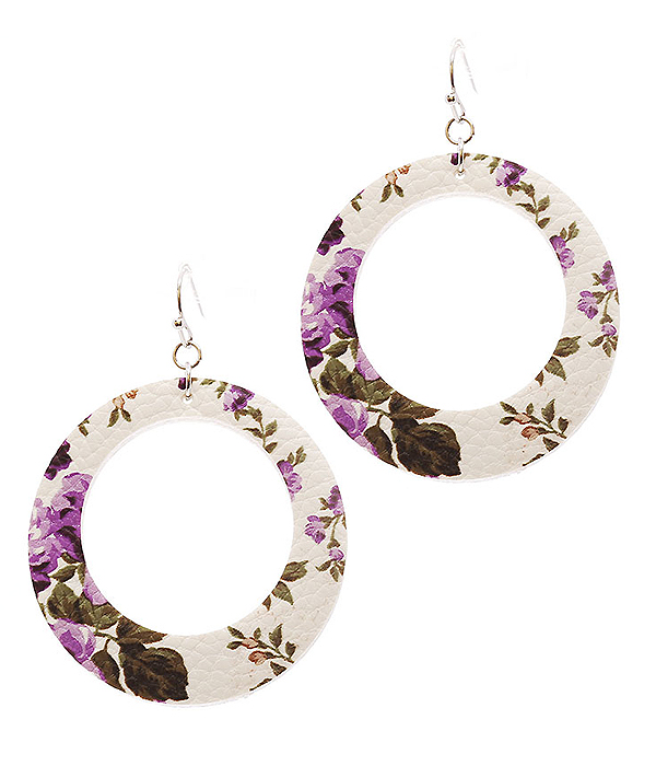 FAUX LEATHER FLOWER PRINT HOOP EARRING