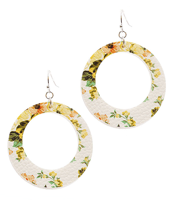 FAUX LEATHER FLOWER PRINT HOOP EARRING