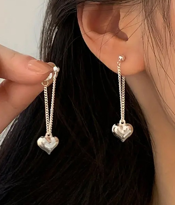 Puffy heart chain drop earring