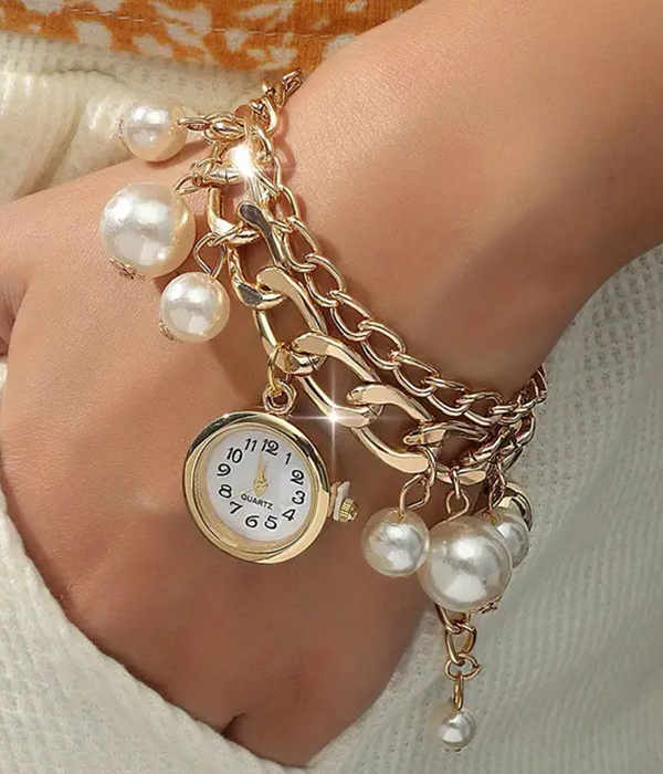 Multi pealr charm dangle double layer chain bracelet watch