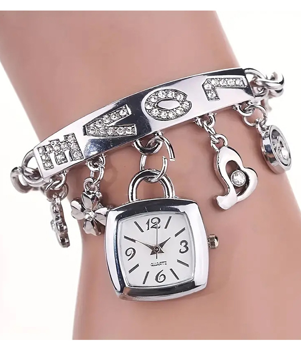 Love theme multi charm dangle bracelet watch