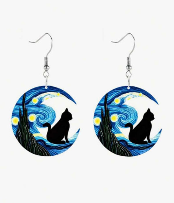 Starry night and black cat earring