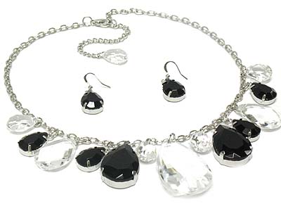 Multi facet cut tear patterns glass pendant and charms necklace and earring set 