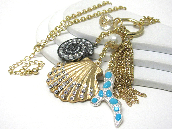Crystal stud sea life theme charm drop long necklace