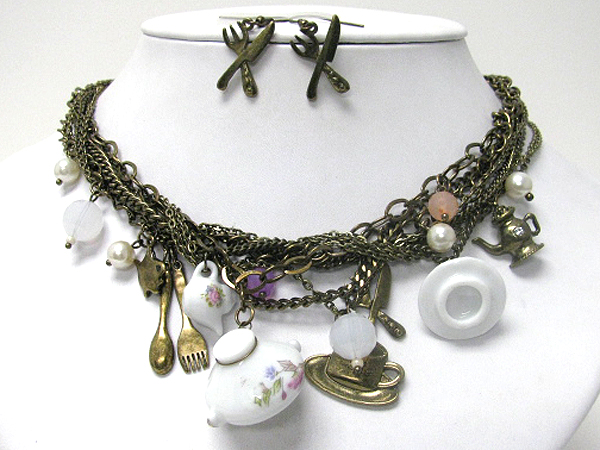 Kitchen theme  multi utensil charm and multi chain necklace earring set
