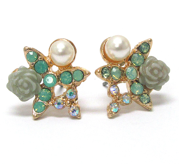 Crystal and pearl and rose deco stud earring