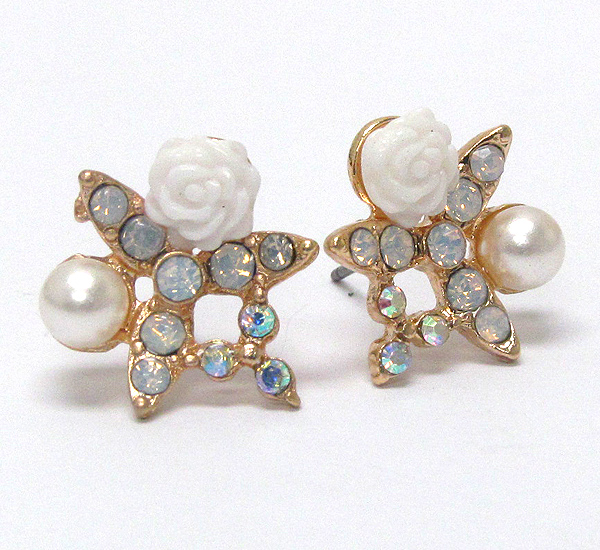 Crystal and pearl and rose deco stud earring
