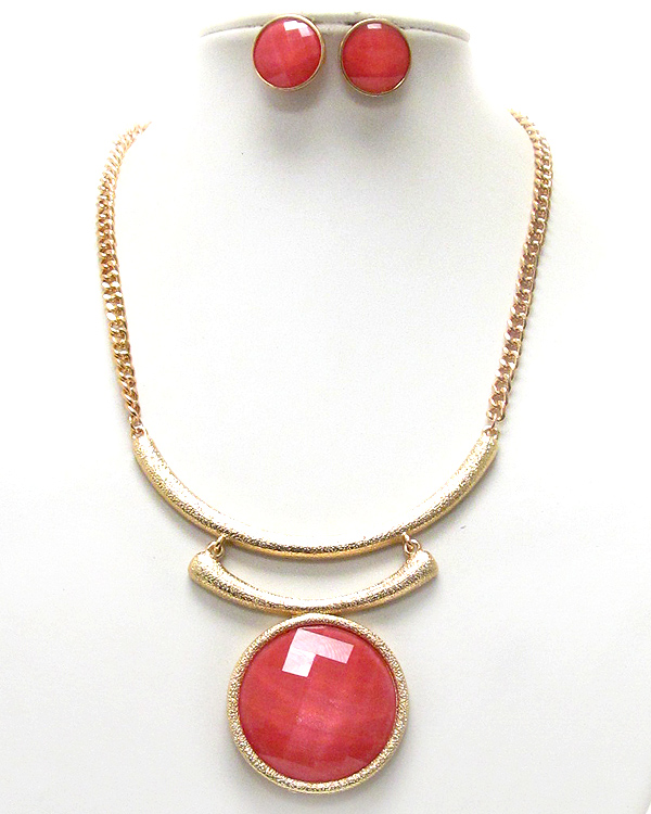 Large sole face round stone and metal bean necklace earring set