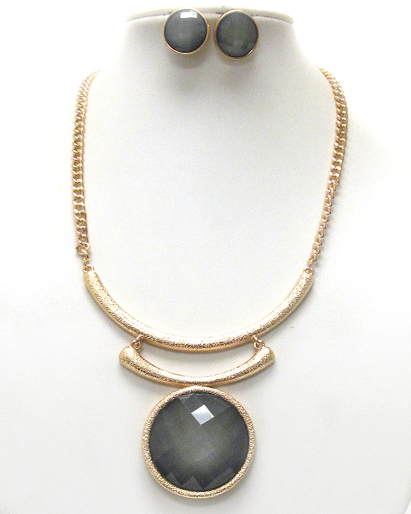 Large sole face round stone and metal bean necklace earring set