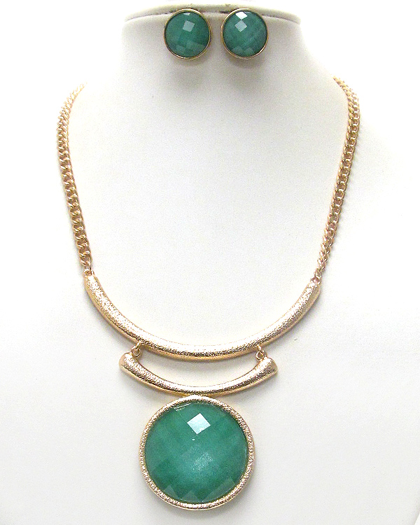 Large sole face round stone and metal bean necklace earring set