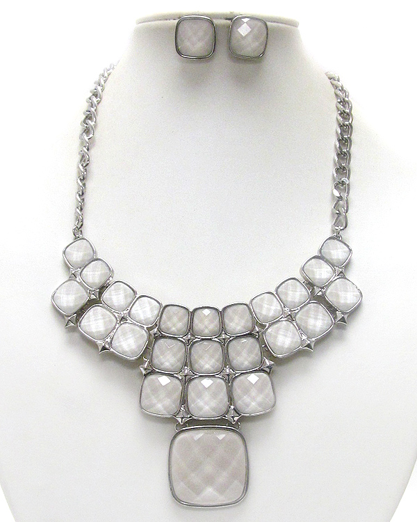 Multi facet square stone deco statement necklace earring set