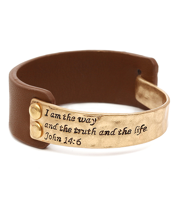 Religious inspiration message metal and leather bangle bracelet - john 14:6