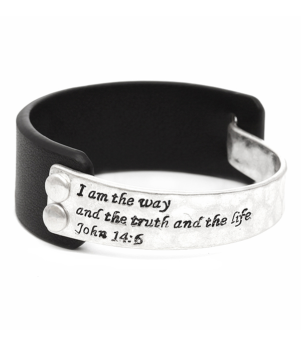 Religious inspiration message metal and leather bangle bracelet - john 14:6