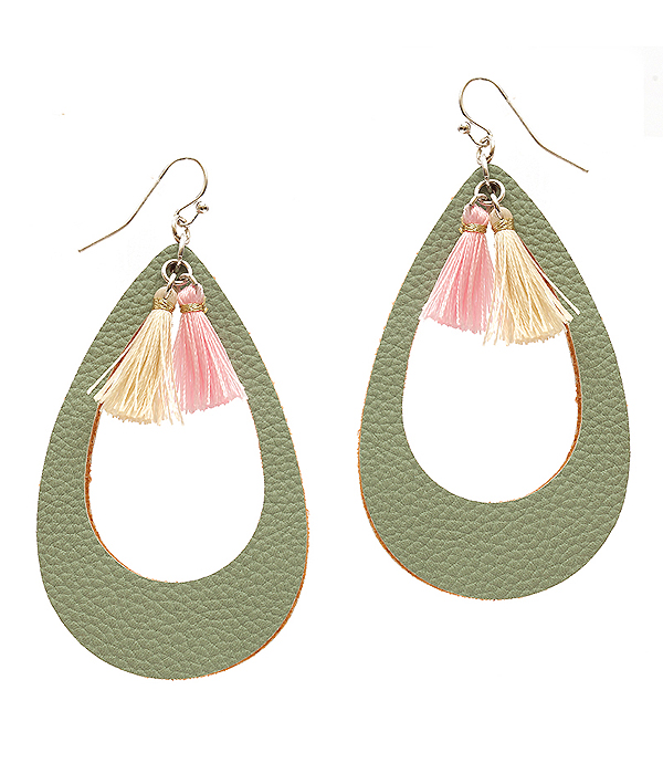 THREAD AND LEATHERETTE OPEN TEARDROP EARRING