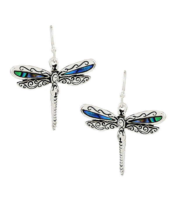Metal filigree abalone dragonfly earring