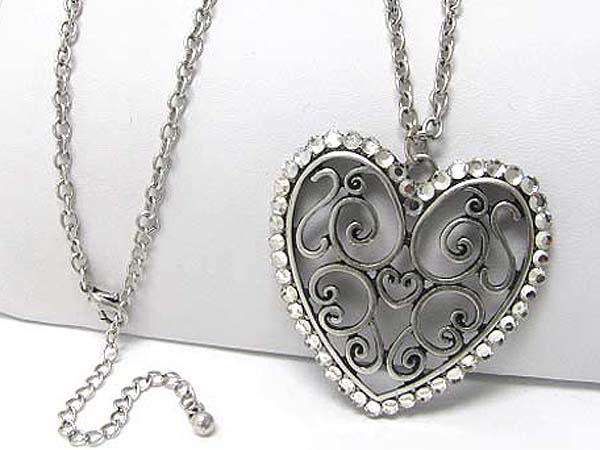 Crystal stud largefiligree heart pendant long necklace