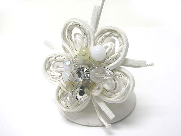Multi beads deco fabric and suede flower stretch ring