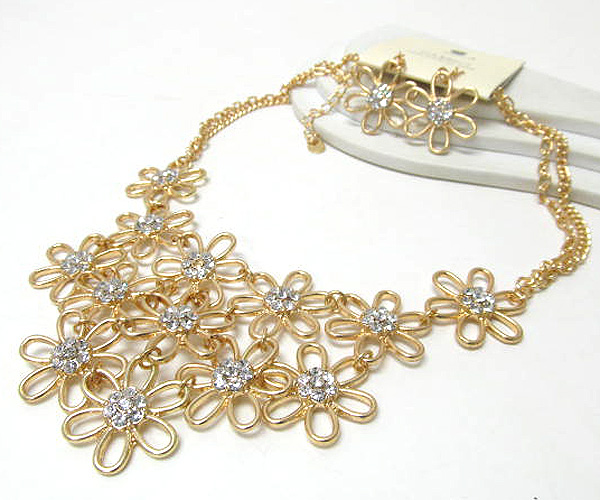 Multi crystal metal flower patern double chain necklace earring set