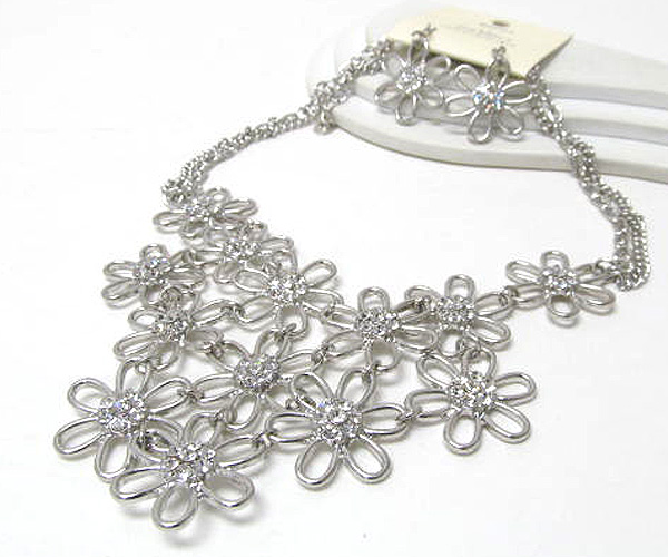 Multi crystal metal flower patern double chain necklace earring set