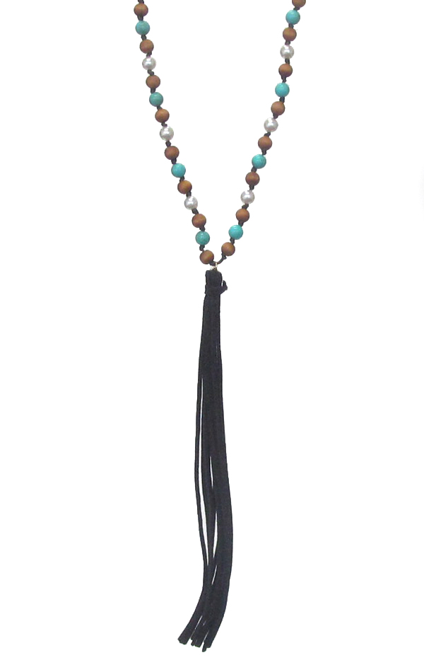 MULTI BALL BEAD CHAIN AND LONG LEATHER TASSEL NECKLACE