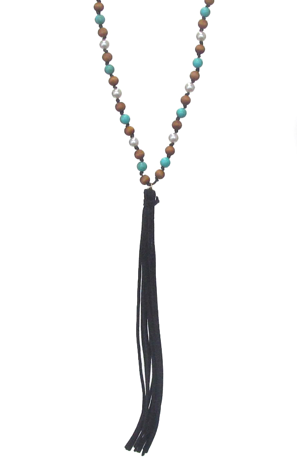 Multi ball bead chain and long leather tassel necklace