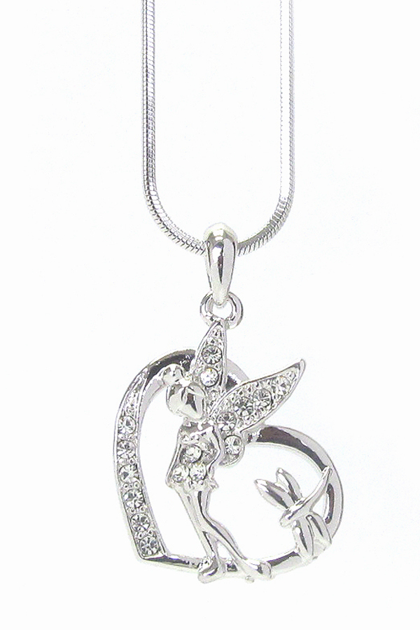 WHITEGOLD PLATING CRYSTAL FAIRY IN HEART PENDANT NECKLACE