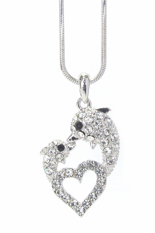 WHITEGOLD PLATING CRYSTAL DOLPHIN LOVE HEART PENDANT NECKLACE
